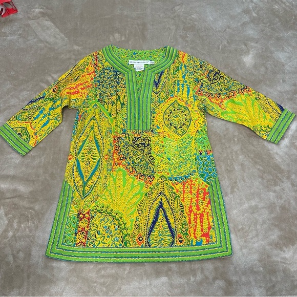Gretchen Scott Top Tunic Green Geometric V-Neck Pullover Artsy Colorful Small - Picture 1 of 8